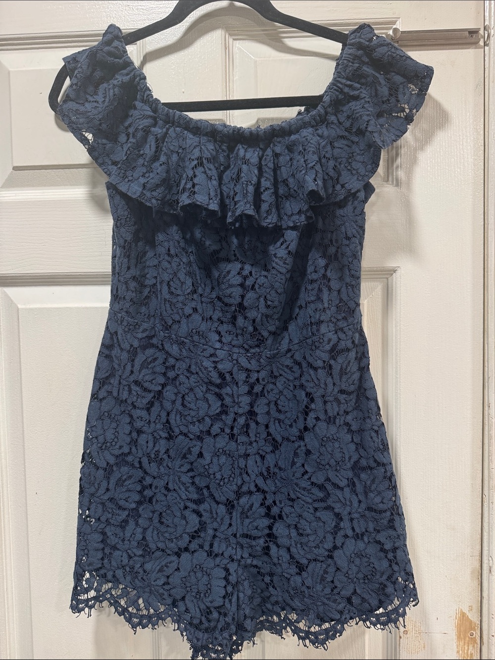 Altar'd State Navy Lace Off-Shoulder Romper